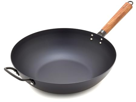 GreenPan Carbon Steel Wok 12”, Flat Bottom, Durable Stir-Fry Pan, Pre-Seasoned Nonstick Patina, High Heat Retention, Induction, Ash Wood Handle, Kyoto, Black