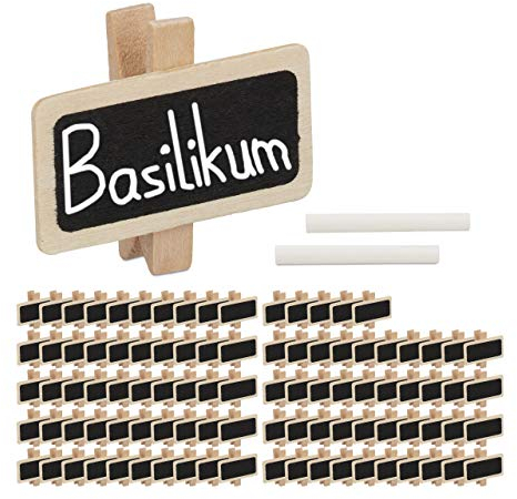 Relaxdays 96 x Tafelklammer, zum Beschriften, Dekoklammern mit Kreide, Kräutergarten, Schild 4x2cm, Holz Pflanzenschilder, Natur