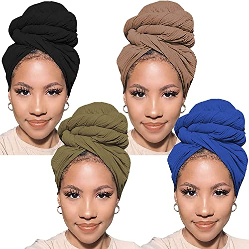 Xtrend Stretch-Kopftuch, Stirnband, Jersey, Turban, Strick, Kopfbandagen, einfarbig, ultraweich, extra lang, atmungsaktiv, für Damen (Kamel, Königsblau, Schwarz, Armeegrün), 4 Stück