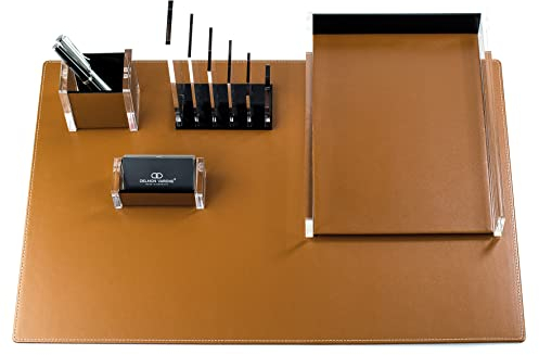 DELMON VARONE - Schreibtischset 5-teilig XXL aus Acryl & Leder Braun - Büro-Set mit Schreibunterlage, Briefablagekasten, Stifteköcher, Visitenkartenhalter & Briefständer - Schreibtisch Organizer Set