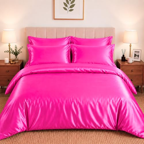 CHARKHAH Satin Silk 6 Piece Complete Bedding Set Durable Silky Fabric with Single Double King Size Bed Fitted Sheet Duvet Cover Comforter and 4 Pillow Cases (Single, Fuchsia-Pink)