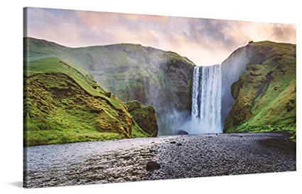 PICANOVA – Leinwandbild Island Skogafoss 100x50cm – Premium Leinwanddruck – Kunstdruck Auf 2cm Holz-Keilrahmen Für Schlaf- Und Wohnzimmer – Kollektion Wasserfälle