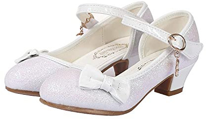 KUWIBY Girl Sandals Glitter Princess Shoes Sequin Party Shoes Bling Bowknot High Heels Wedding Birthday Dress Comfort Bright Diamond Cosplay Dance for Little Girls Christmas White