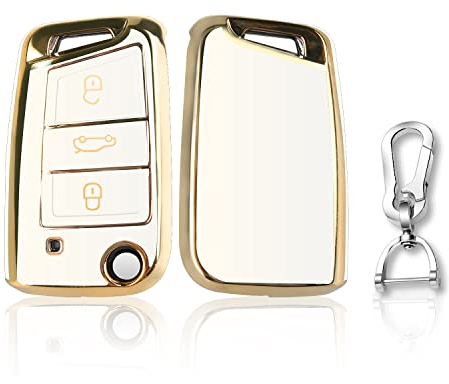 QBUC Goldener Rand Autoschlüssel Hülle für VW, DREI Tasten Autoschlüsselkasten, Auto kratzfestes Schlüsselgehäuse,Schlüsselhülle Cover für VW Polo, Skoda, Tiguan, MK(A-Weiß)