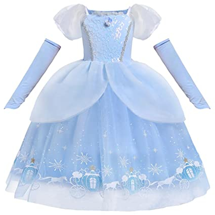 Lito Angels Princess Cinderella Fancy Dress Up Costume Party Ball Gown with Sleevelet Gloves for Kids Girls Age 5-6 Years, Blue