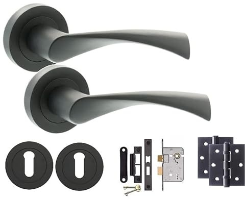 Golden Grace Astrid Twist Design Key Lock Door Handle on Round Rose Set in Matte Black Finish Complete with 3 Lever Mortise Lock & 1 Pair of Ball Bearing Hinges