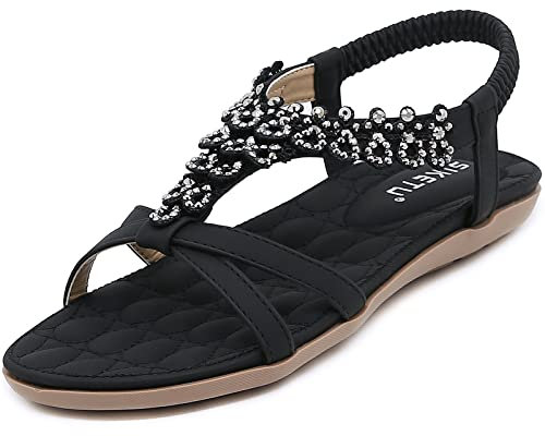 Acfoda Sandali Donna Estive Piatto Eleganti Infradito Bohemia Sandalo de Spiaggia Casual Comodi Scarpe Bassi Ortopedici Strass Sandale Nero 43