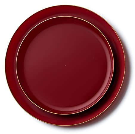 Decor Decorline - Set Piatti Plastica Rigida Riutilizzabili da 20 pezzi/per 10 persone - Edge Collezione - Rosso con Bordo Oro - Piatti dessert & Piatti pranzo - 2 misure (10x26cm, 10x21cm)