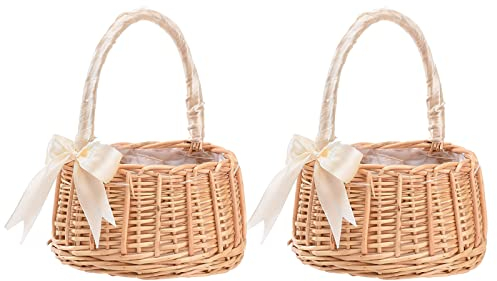 JYCRA 2PCS White Wedding Flower Girl Baskets,Wicker Picnic Basket with Handles & Liners,Wicker Rattan Flower Basket,Petal Basket Candy Storage Basket 17x22cm