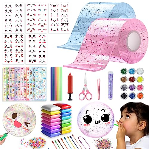 67 Stück Bubbles Nano Tape Set, 2 Nanotape+65 Nano Tape Bubbles Set Zubehör, Nano Tape Set Bubbles DIY Craft, Nano Tape Bubbles Klebeband für Blow Bubbles mit Pailletten Aufkleber (Blau + Rosa)