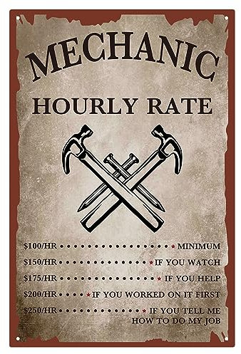CREATCABIN Panneau Métal avec Taux Horaire Mécanicien,Décoration D'Atelier Mécanicien,Outil Magasin Garage Voiture,Panneau Fer Vintage,Plaque d'affiche Murale Suspendre pour Maison Hommes, 20x30cm