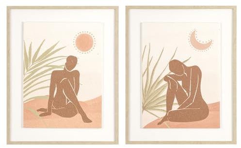 Baroni Home Set di 2 Quadri Moderni per Soggiorno in Canvas con Cornice in Legno Chiaro, Coppia di Quadri Stampa Alta Qualità, Decorazione Murale Colorata da Camera e Cucina, Silhouette, 40x2x50 cm