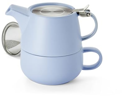 Cha Cult teemando® Tea-for-one Set Saara, blau Keramik, 4-teilig mit Edelstahlsieb- und -Deckel Kanne 0,45 l, Tasse 0,3 l Kanne: H 10 cm, Ø 6,7 cm Tasse: H 6 cm, Ø 10 cm