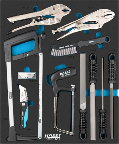 HAZET Universal Satz 163D-11/11, 11-teilig, mit Gripzangen, Metallsägen, Feilen, Klappmesser und Bremssattel-Bürste für vielseitige Anwendungen