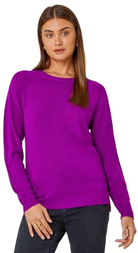 Roman Originals Soft Jumper for Women UK Ladies Winter Autumn Sweater Knit Knitwear Round Crew Neck Top Plain Lightweight Comfy Long Sleeve Split Hem Everyday Daywear - Magenta - Size 12
