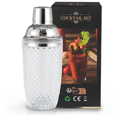UXIYI Glass Cocktail Shaker Kit,350Ml Mixer Professional Thickened Drinking Shaker Cocktail,Leakproof Metallic Steel Lid&Strainer,Silver