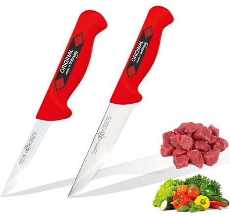 EIKASO Solingen Metzgermesser Set 2tlg, von Profis - für Profis und Privat, Ausbeinmesser & Fleischmesser aus 1.4116 Molybdänstahl, rostfrei, Handabzug, rote extra rutschfeste Polypropylengriffe