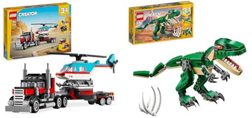 LEGO Creator 3in1 Flatbed Truck with Helicopter Toy to Propeller Plane and Fuel Lorry to Hot Rod & 31058 Creator Mighty Dinosaurs Toy, 3 in 1 Model, T. rex