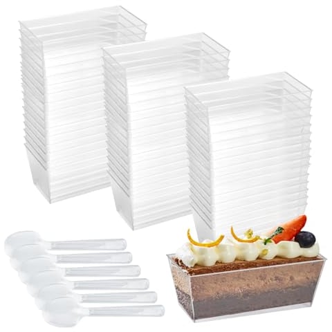 LPAMABA 50 PCS Vasos de Postre con Cuchara 140ml, Tazas de Postre de Plastico Rectangulares, Copas de Plastico para Postres, Cuencos de Plasticos Reutilizables para Pudines, Tiramisú, Mousse