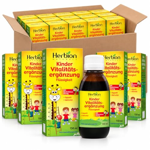 Herbion Naturals Vitalitätsergänzung für Kinder, 24 x 150 ml | 24 Flaschen à 150 ml flüssiges Nahrungsergänzungsmittel für Kinder mit Pflanzenextrakten, Honig und Litschi-Aroma, 3,6 l