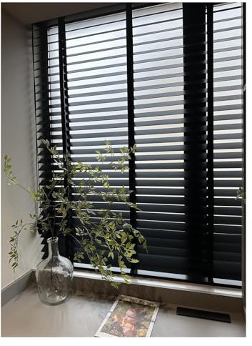 Black Window Blind Thick Slatted Wood 240cm 220cm 200cm 180cm 160cm 140cm 120cm 100cm 80cm 60cm Width, Made To Measure Wooden Venetian Blinds with 50mm Slats & Tapes for Windows Doors(150x260cm(59x10