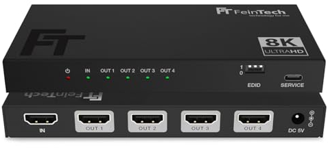 FeinTech SP410 HDMI 2.1 Splitter 1 in 4 Out 4K 120Hz 8K VRR ALLM, HDMI Distributore con downscaler per 4 monitor contemporaneamente, HDMI CEC Pass, HDCP 2.3, HDR