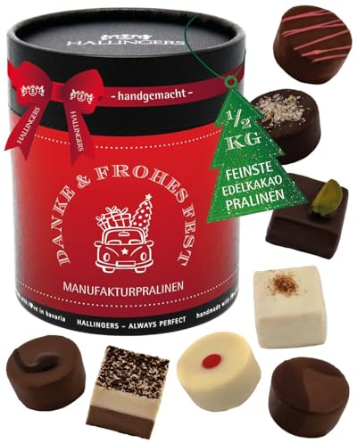 Hallingers Genuss Manufaktur Pralinen Weihnachts-Geschenk - ohne Alkohol, handmade aus Confiserie-Edelkakao in wertiger XXL-Geschenkdose Danke & Frohes ..., Weihnachten für Frauen Männer