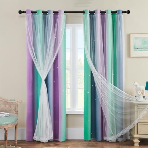 XiDi Rainbow Blackout Curtains 132cm Wide x 213cm Drop (52x84), Double Layer Star Cut-Out Voile for Sliding Door, Kids & Adult Bedroom Thermal Insulated, Green Blue Grey
