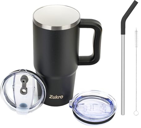 Zukro 24 oz Ceramic Lined Insulated Tumbler with Handle and Straw, Black | No Metal Taste, Double Wall Stainless Steel Coffee Cup for Home/Office, Spill Proof Lid, No Sweat, Keep Drinks Hot or Cold