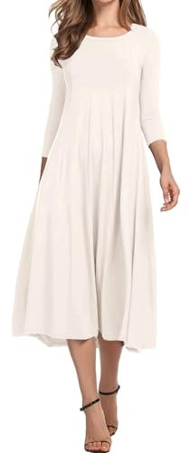 Hotouch Damen Kleider Elegante Midi Tunika Kleid A-Linie 3/4 Ärmel Kleid Rundhals Einfarbig Freizeitkleider Herbst Winter Kleider Weiß L