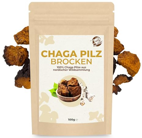 Curly Superfood Chaga Pilz Brocken Wildsammlung 100g - Nachhaltig & Wild gesammelt aus nordischen Wäldern - 3-5cm groß für Pilz Tee & Kaffee - Chaga Brocken in Rohkostqualität