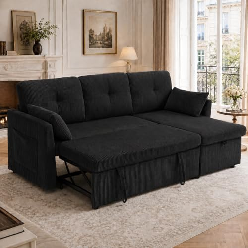 Lubvtti Sofá Cama 3 plazas, sofá esquinero en Forma de L con Asientos de Almacenamiento, sofá 3 plazas con Chaise Longue Derecha e Izquierda Intercambiable, Tela de Terciopelo a Rayas,Negro