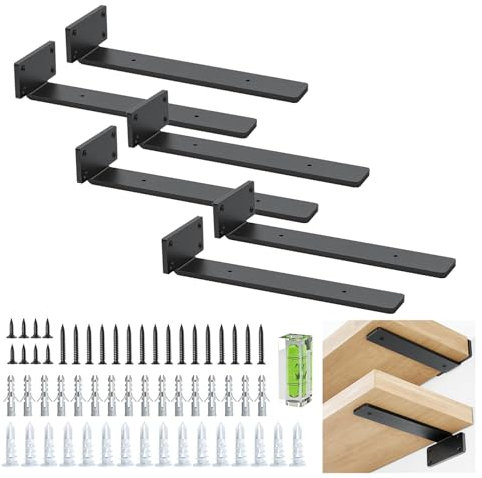 Juego de 6 soportes flotantes para estantería, 25 cm, resistentes ángulos de estantería (4 mm), metal grueso, soportes flotantes blancos con moderno acabado de hierro, color Negro