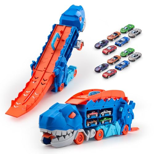 Warmiehomy Dinosaur Transporter Truck Toys with 12 Race Cars for Boys Age 3-8, Foldable Sliding Race Track Car, Portable Swallowing Eating Transformable Carrier Vehicle Gift for Boys Girls
