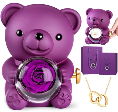 goldmiky Orsetto con Rosa, Orso con Rosa Eterna Confezione Regalo, Regalo Festa della Mamma, Regali per Lei Fidanzata,Regalo Anniversario per Lei(Viola)