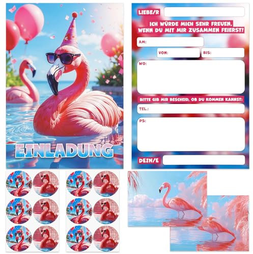 Lezehea Flamingo GLITZER Einladungskarten Kindergeburtstag Mädchen,12 Einladung Geburtstag Flamingo + 12 Umschläge+ 12 Aufkleber,Flamingo Pool Geburtstag Einladungen,Einladung Poolparty