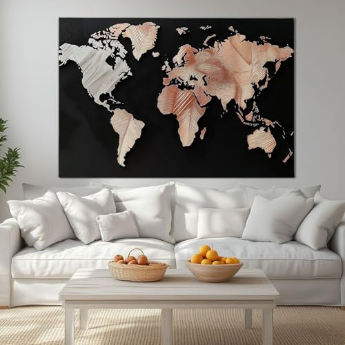 Affiche Carte du Monde Rose Gold Toile Tableau Art, Blocs Or Rose Peintures sans Cadre Decoration Murale, pour Salon Chambre Tableau Decoration 140 x 70 cm (L x l) Impression Sur Toile