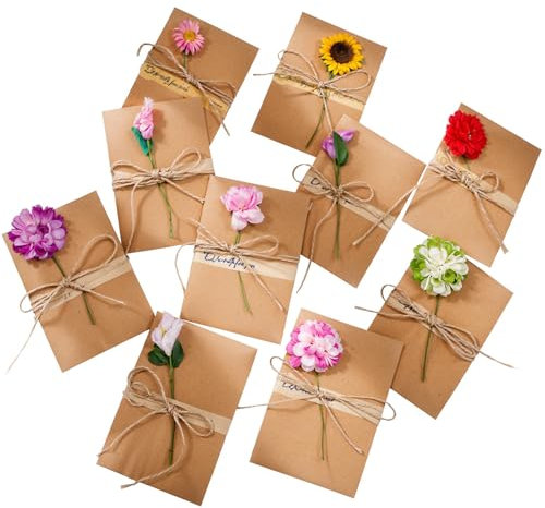 10 Stück Grußkarten-Set, Retro Kraftpapier-Umschläge mit 10 Verschiedenen Blumen, Perfekt für den Tag des Lehrers, Muttertag, Geburtstag und Valentinstag, Geeignet für Männer und Frauen (10.5 × 7cm)