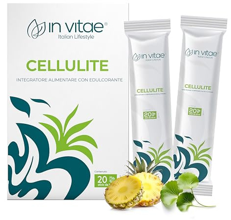 IN VITAE CELLULITE - Bromelina complex forte drenante con Centella Asiatica, Ananas e Vitamina C - Drenaggio Liquidi e Microcircolo - 20 Stick Gel Gusto Ananas
