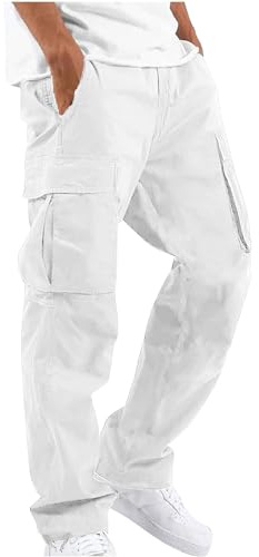 NANAMEEI Pantalon Cargo Homme en Coton Pantalon Outdoor Tailles Grandes Pantalons de Travail Ceinture Elastique avec Multipoches Blanc M