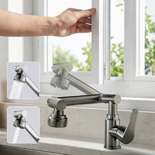 Grifo de Cocina Plegable para Ventana Frontal, 1080° Flexible, Grifo Cocina | Grifo de Fregadero con 2 Tipos de Chorro, para Baño/Lavabo, sinPlomo ni Níquel (Acero Inoxidable)