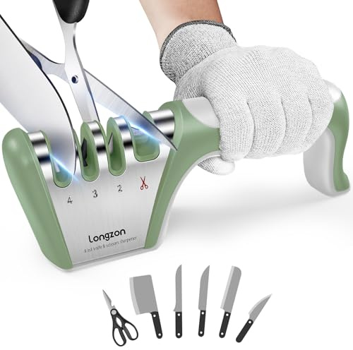 longzon Affilacoltelli Professionale, 4 in 1 Affila Coltelli da Cucina con Due Guanti Antitaglio, Affilacoltelli Manuale per Coltelli Dritti, Forbici, Sicuro e Facile da Usare - Verde