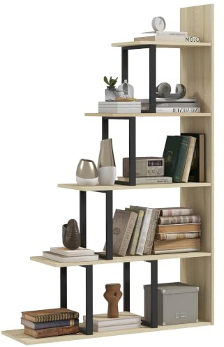 HOMCOM Industrial Bookcase 5-Tier Ladder Shelf Bookshelf Oak | Wooden Display Stand Organiser, Living Room, Indoor Corner Shelf