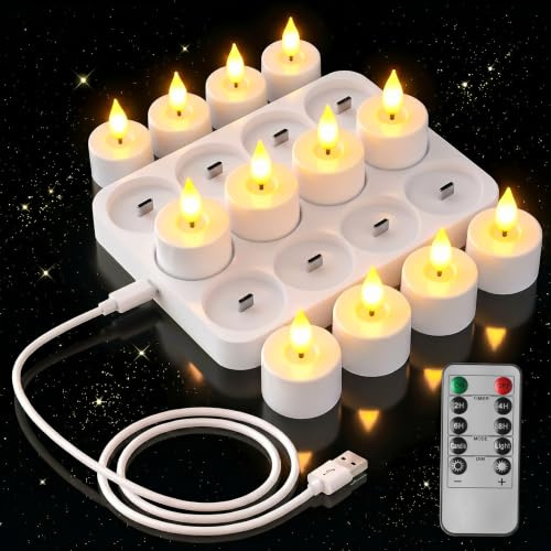 sylvwin 12 Stück Wiederaufladbare LED Kerzen，LED Teelichter mit Fernbedienung und Timerfunktion, Dimmbar LED Elektrische Kerzen mit Ladestation für Party Zimmer Wohnzimmer Weihnachten Deko