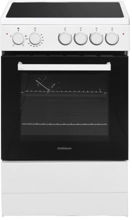 Statesman 50cm Electric Cooker with Ceramic Hob, White | 4 Cooking Zones, 3 Functions & 1 Lamp, 1 Wire Shelf, Grill Pan Set, Safety Chains, Adjustable Height, Removable Door