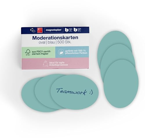 magnetoplan Moderationskarten, oval | BxH 190 x 110mm | 500 Stück | Kommunikationskarten in Blau | Für Meetings und Präsentationen | FSC-zertifiziert | Kommunikationskarten | BxH 190 x 110 mm | Für Meetings und Präsentationen | FSC-zertifiziert