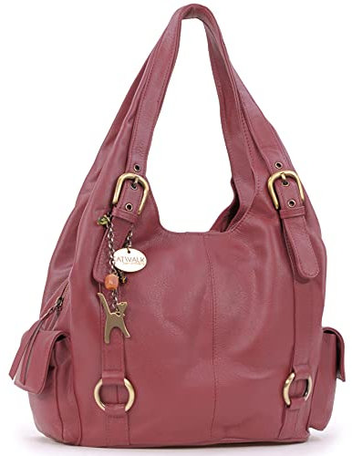 Catwalk Collection Handbags - Damen Leder Schultertasche - Handtasche Groß - Hobo Bag mit Viele Fächer - Alex - Rot