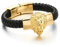 COOLSTEELANDBEYOND Große Geflochtenes Leder Armband für Herren mit Edelstahl Goldfarben Löwe und Schwarz Echtes Leder Biker Armband