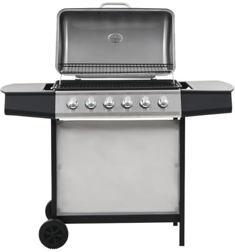 vidaXL Gasgrill mit 6 Brennern Thermometer Grillwagen Grill Gartengrill Standgrill BBQ Grillstation Wagengrill Barbecue Edelstahl Silbern