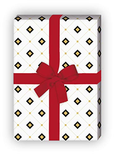 Kartenkaufrausch Grafisches Art Deco Geschenkpapier Set mit Gold Optik, weiß, für hübsche Geschenk Verpackung 32 x 48cm, 4 Bögen für Geburtstage, Hochzeit, Weihnachtsgeschenke, Dekorpapier